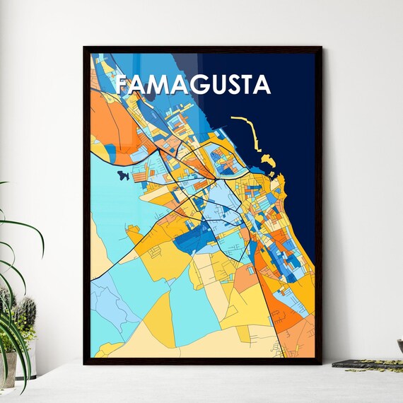 Famagusta Cyprus Vibrant Geometric City Map Art Poster in Blue and Orange