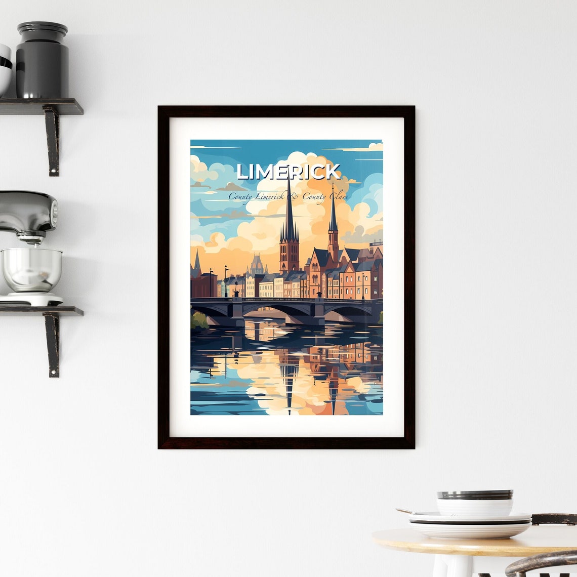 Limerick Ireland River Bridge Church Spires Sunset Travel Poster - Image 2