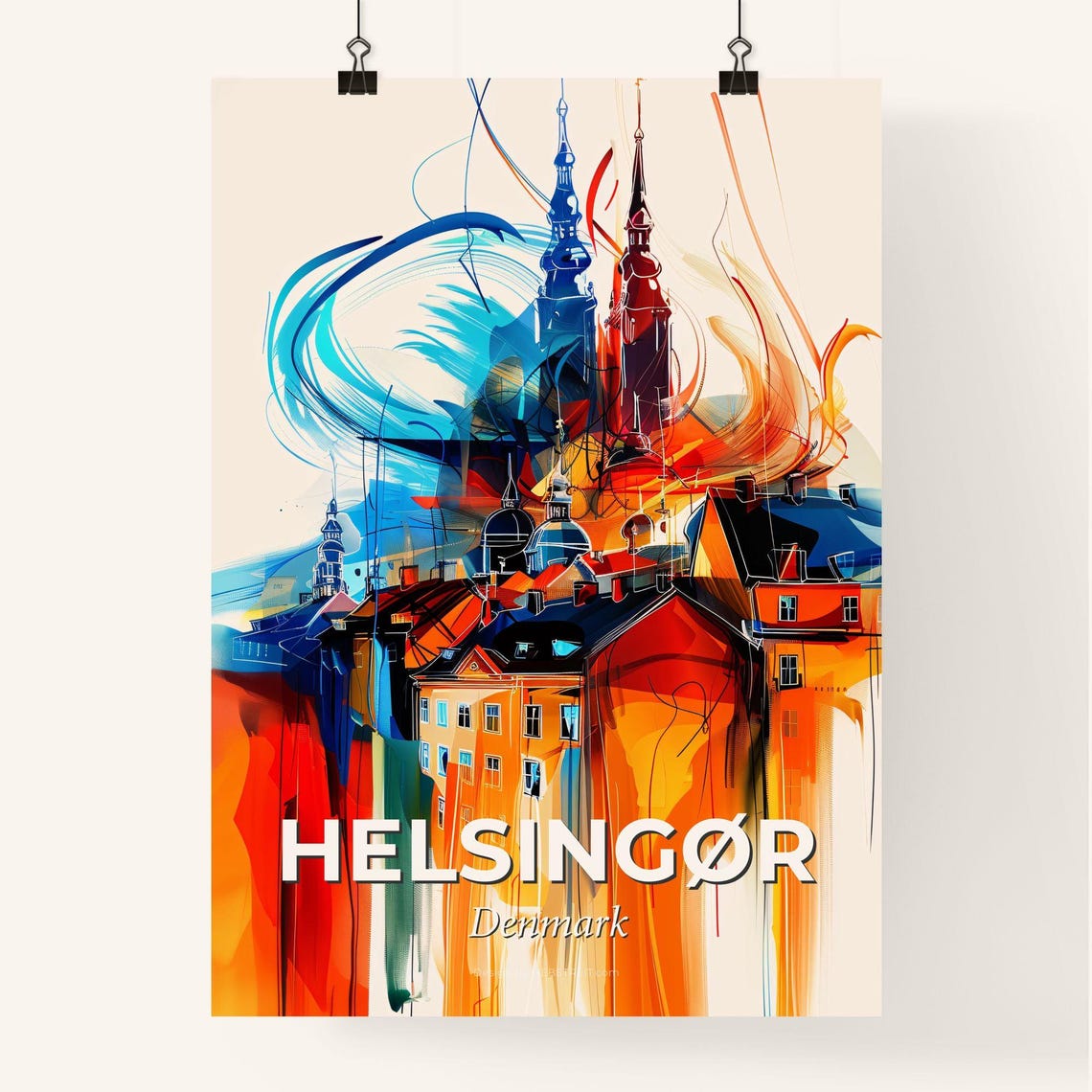 Helsingor Denmark Colorful Abstract Spires Rooftops Skyline Poster - Image 4