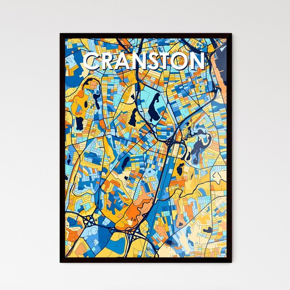 Cranston Rhode Island Vibrant Blue and Orange City Map Poster
