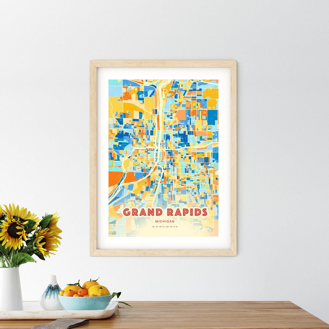 Grand Rapids Michigan Vibrant Blue Orange Mosaic City Map Poster - Image 2