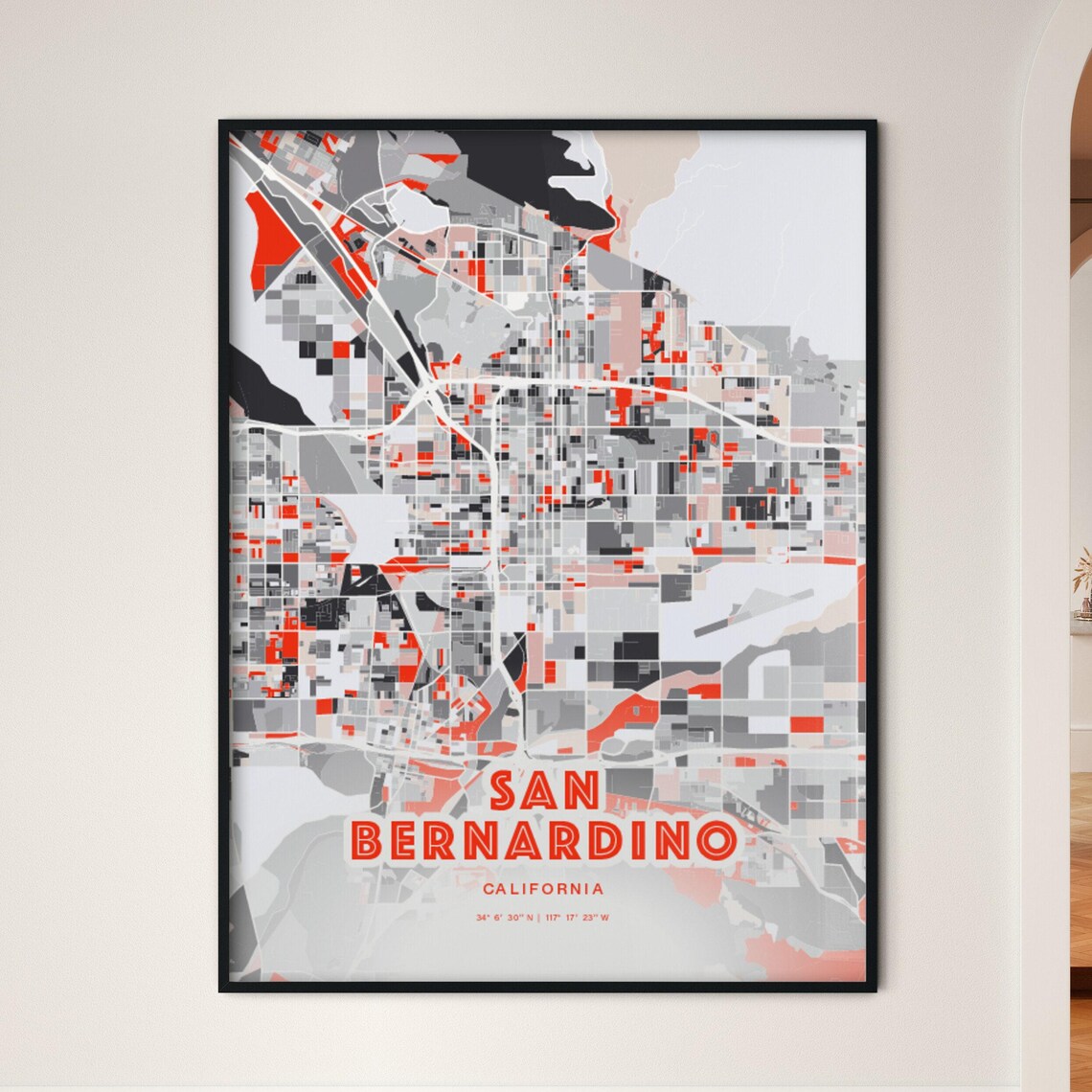San Bernardino California Expressive Red Abstract City Map Art Poster