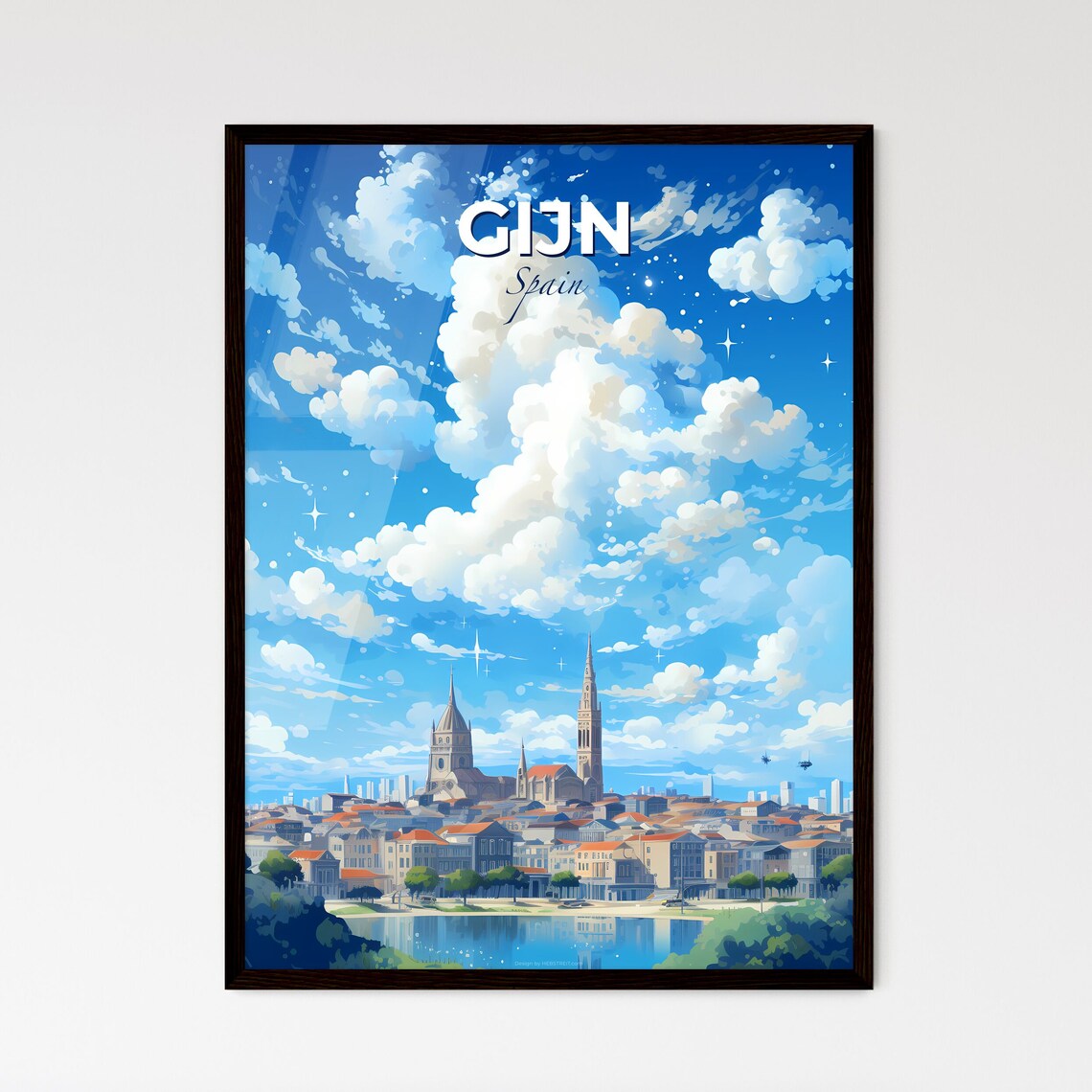 Gijon Spain Anime Sky Church Towers Blue Skyline Travel Poster