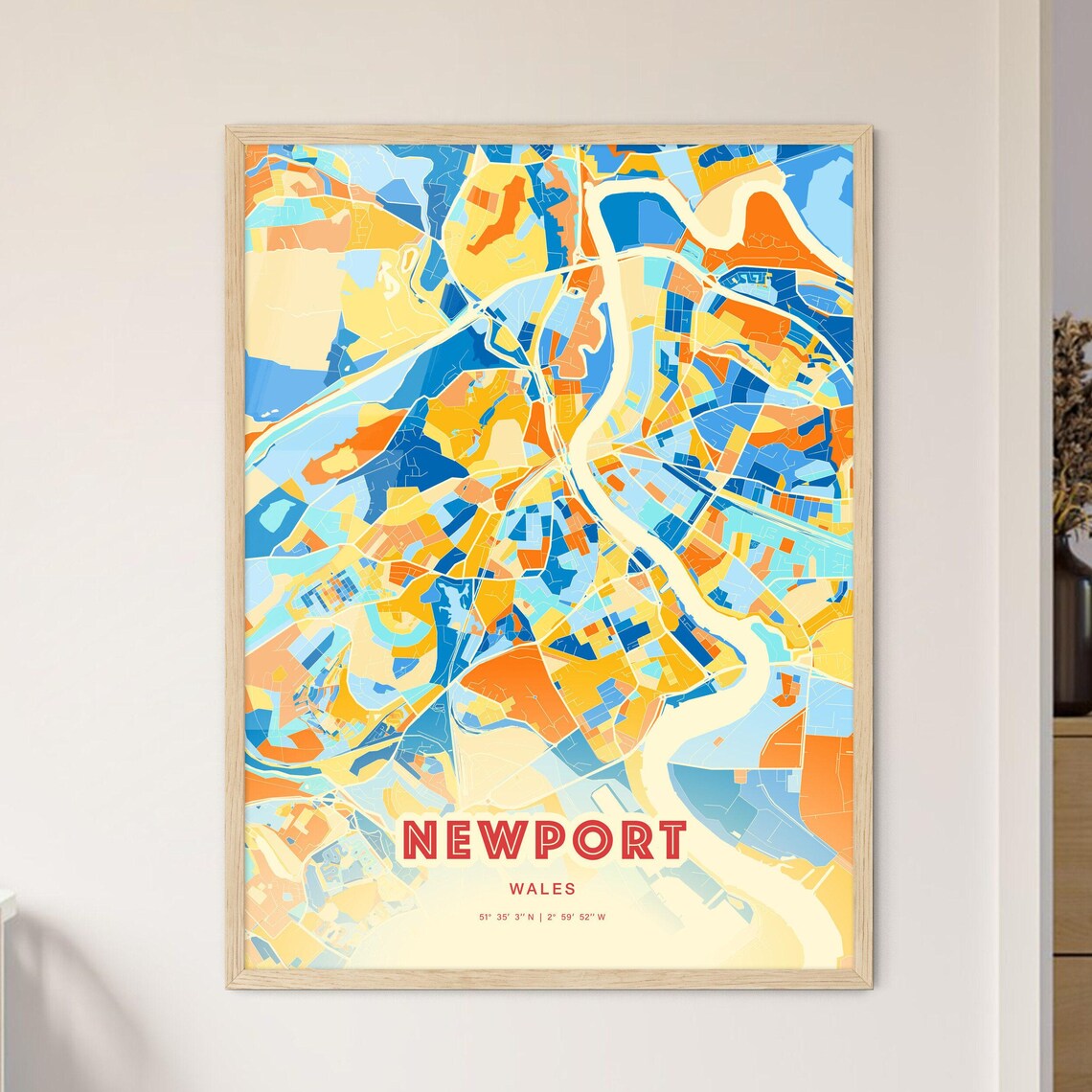 Newport Wales Bold Colorful Blue Orange Fine Art City Map Poster