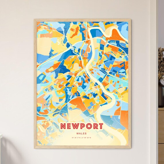 Newport Wales Bold Colorful Blue Orange Fine Art City Map Poster