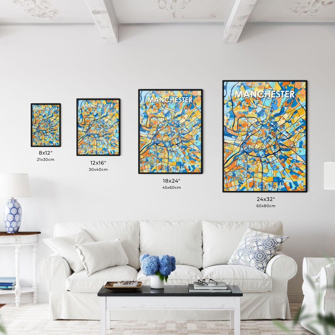 Manchester England Colorful Blue and Orange City Map Art Poster - Image 3