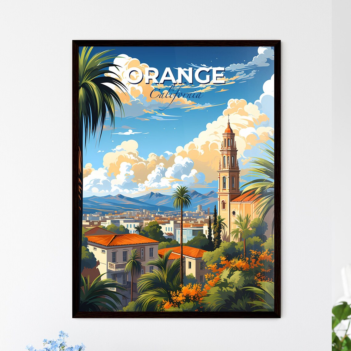 Orange California Mission Bell Tower Palms City Mountain Poster
