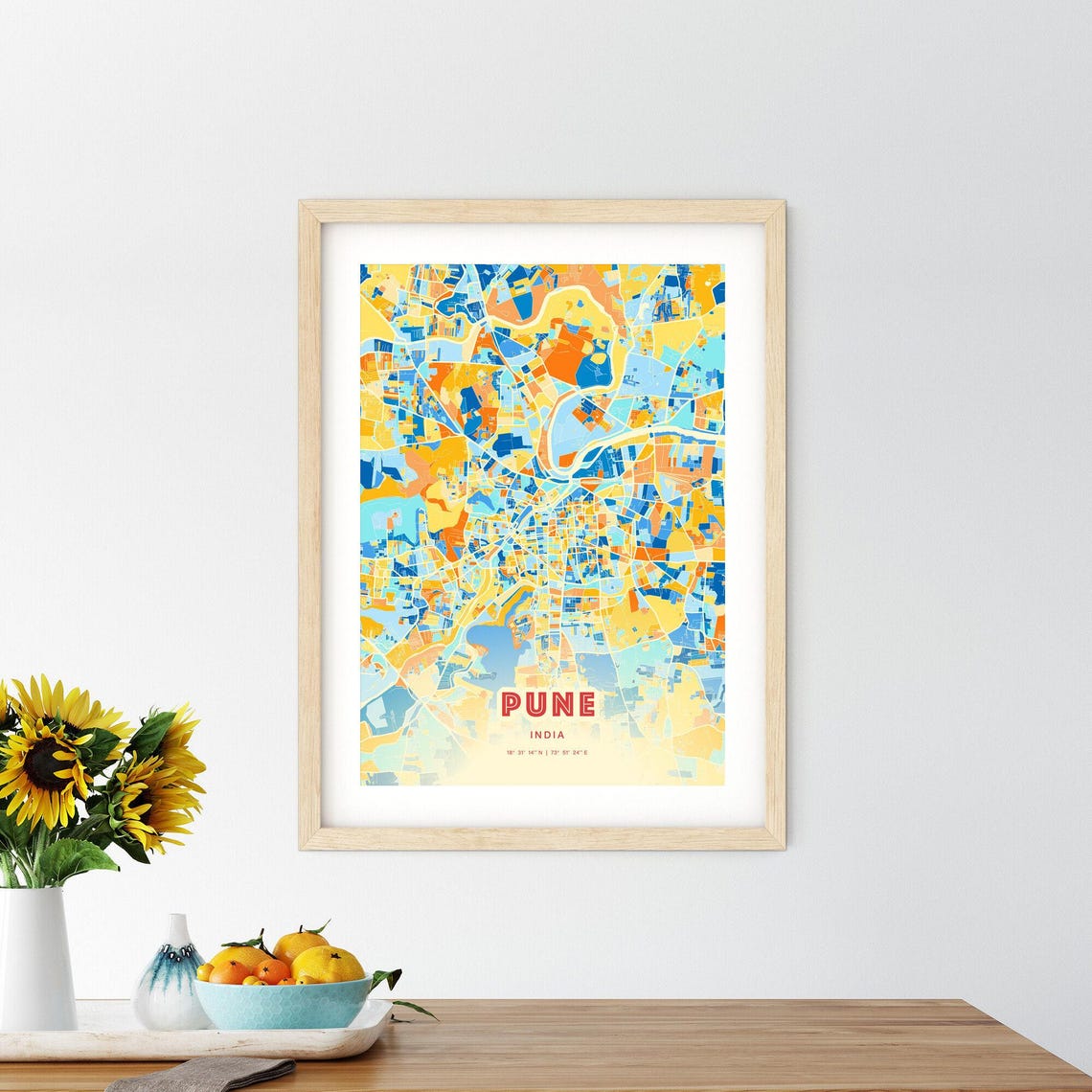 Pune India Vibrant Colorful Blue Orange City Map Art Poster Decor - Image 2