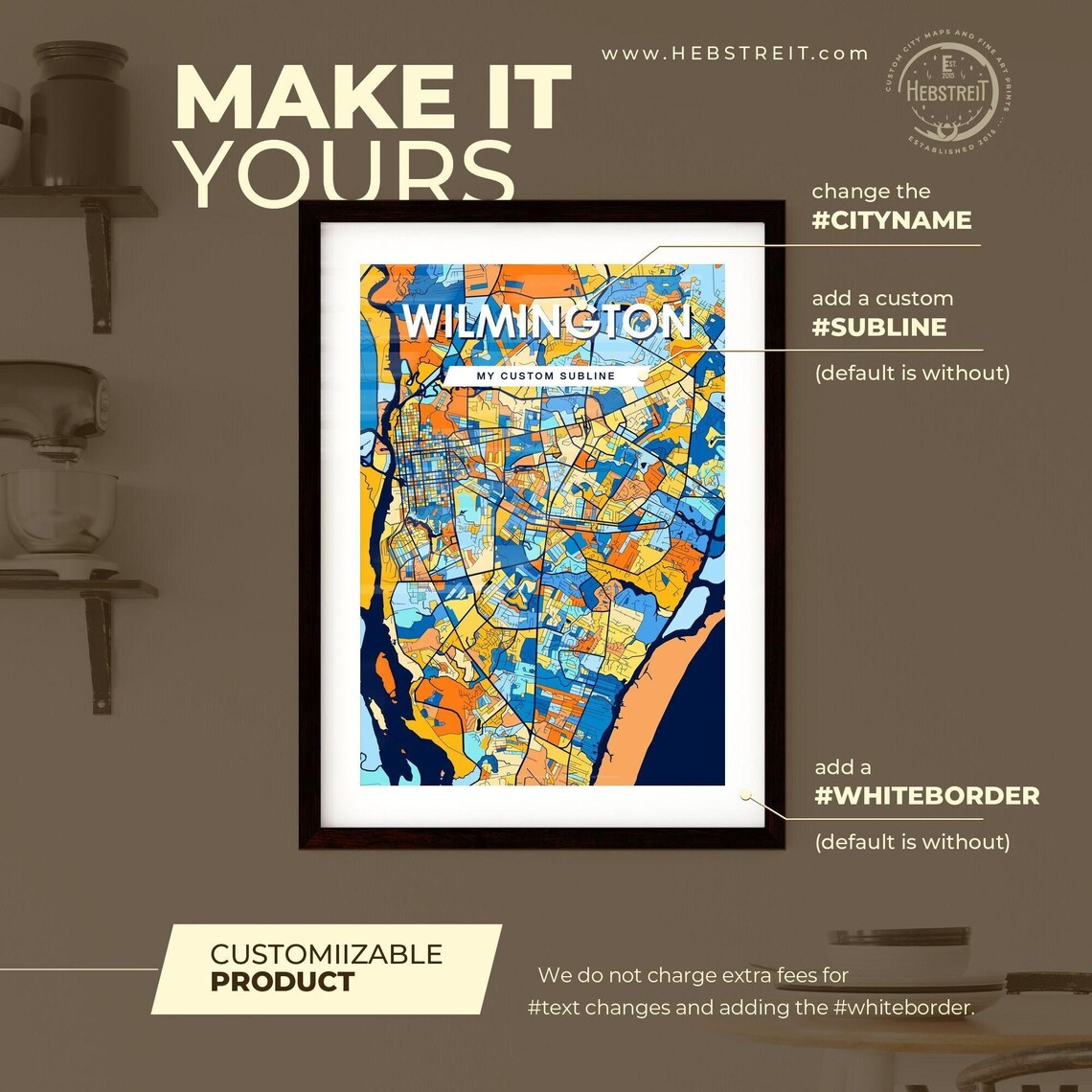 Wilmington North Carolina Stylish Vibrant Blue and Orange Mosaic City Map Poster - Image 2