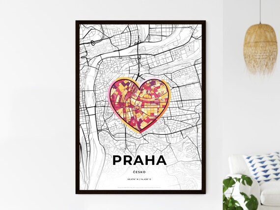 Prague Czechia Modern Minimalist Heart Street Map Art Poster