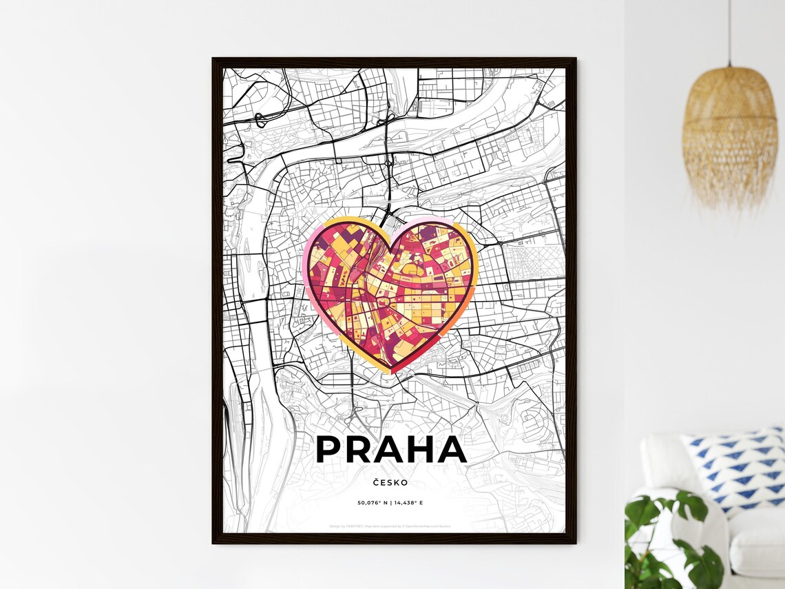 Prague Czechia Modern Minimalist Heart Street Map Art Poster