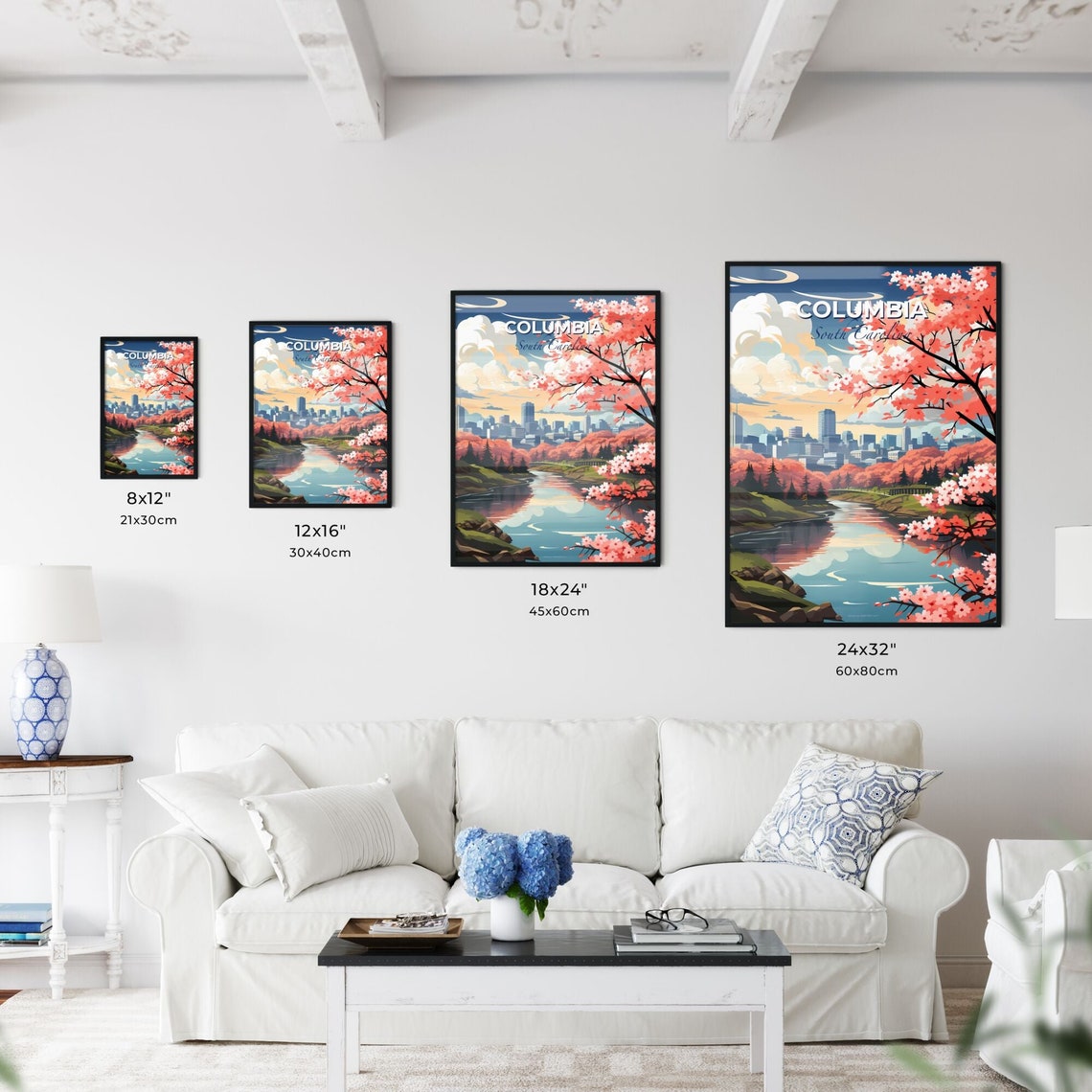 Columbia South Carolina Cherry Blossom River Skyline Travel Poster - Image 3