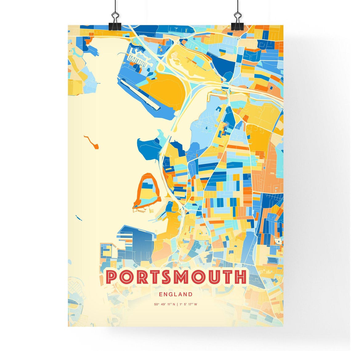 Portsmouth England Blue Orange Vibrant Coastal City Map Art Poster - Image 3