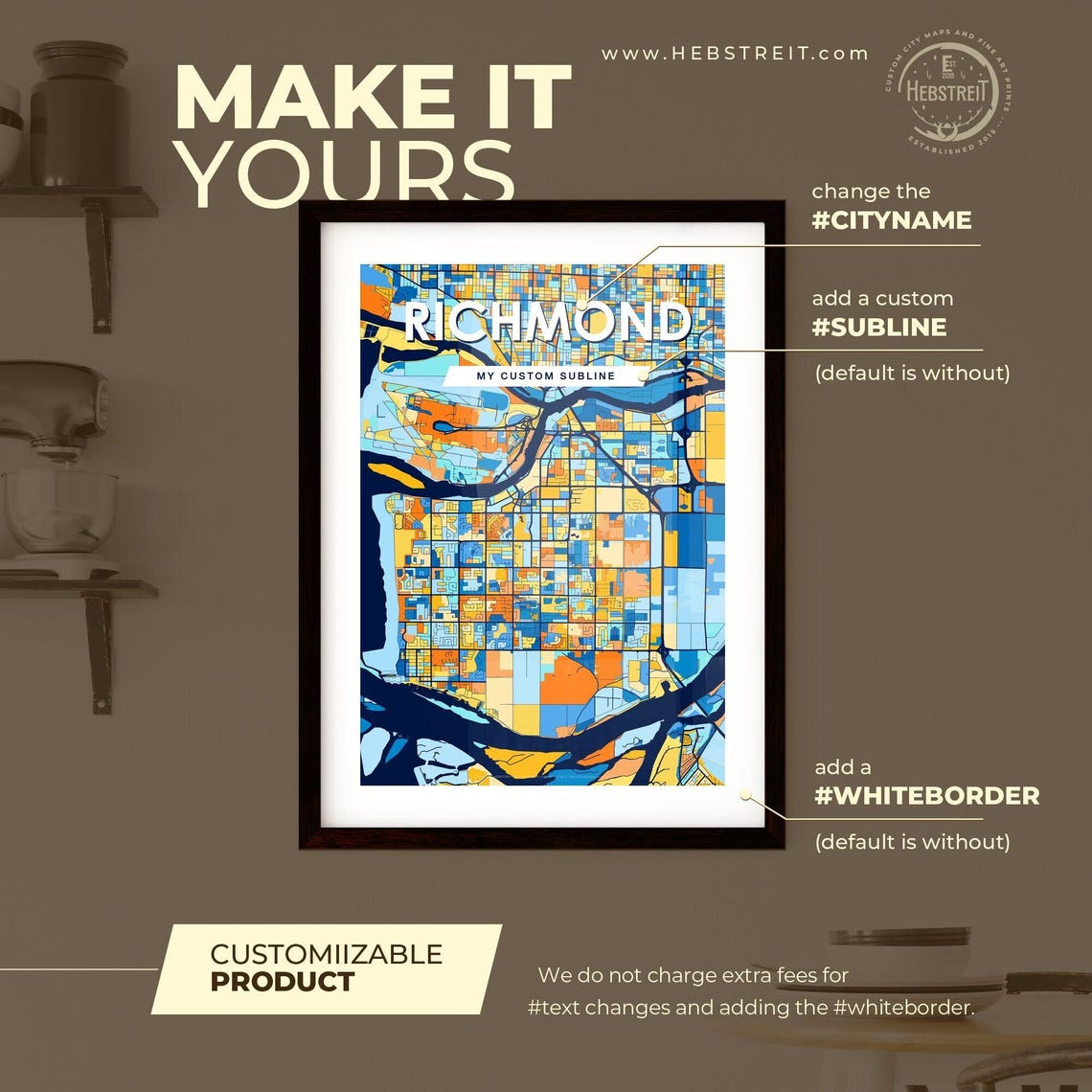 Richmond Canada Bold City Map Art Poster in Navy Orange and Yellow - Image 2