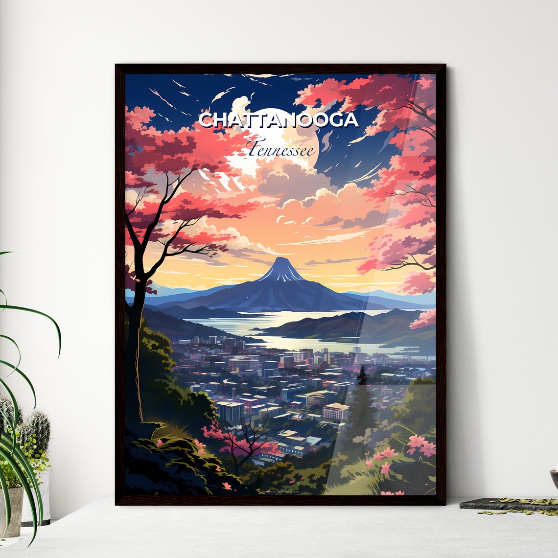 Chattanooga Tennessee Night Skyline Moon Blossom Travel Poster