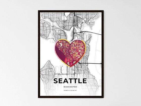 Seattle Washington Minimal City Map Colorful Heart Icon Art Poster