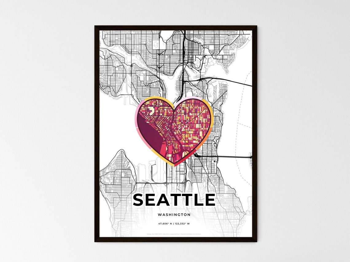 Seattle Washington Minimal City Map Colorful Heart Icon Art Poster