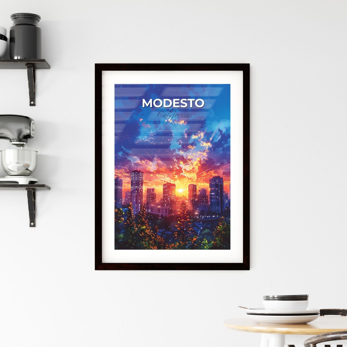 Modesto California Dramatic Sunset Downtown Skyline Travel Poster - Image 2