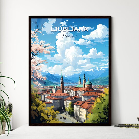 Ljubljana Slovenia Old Town Red Roofs Mountain Travel Poster
