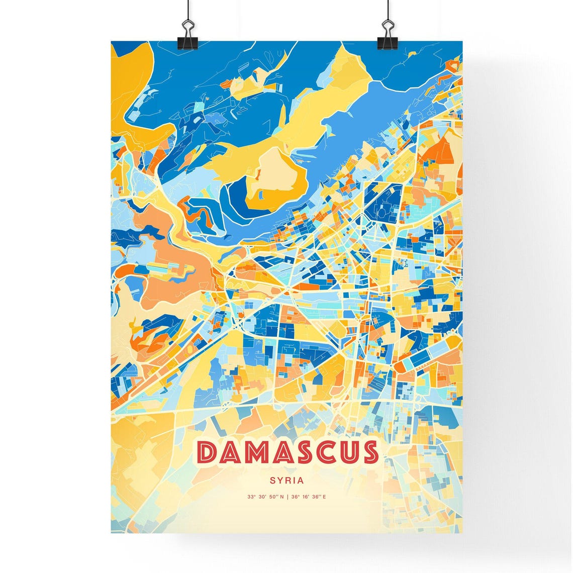 Damascus Syria Elegant Pastel Blue and Orange Fine Art Map Print - Image 3