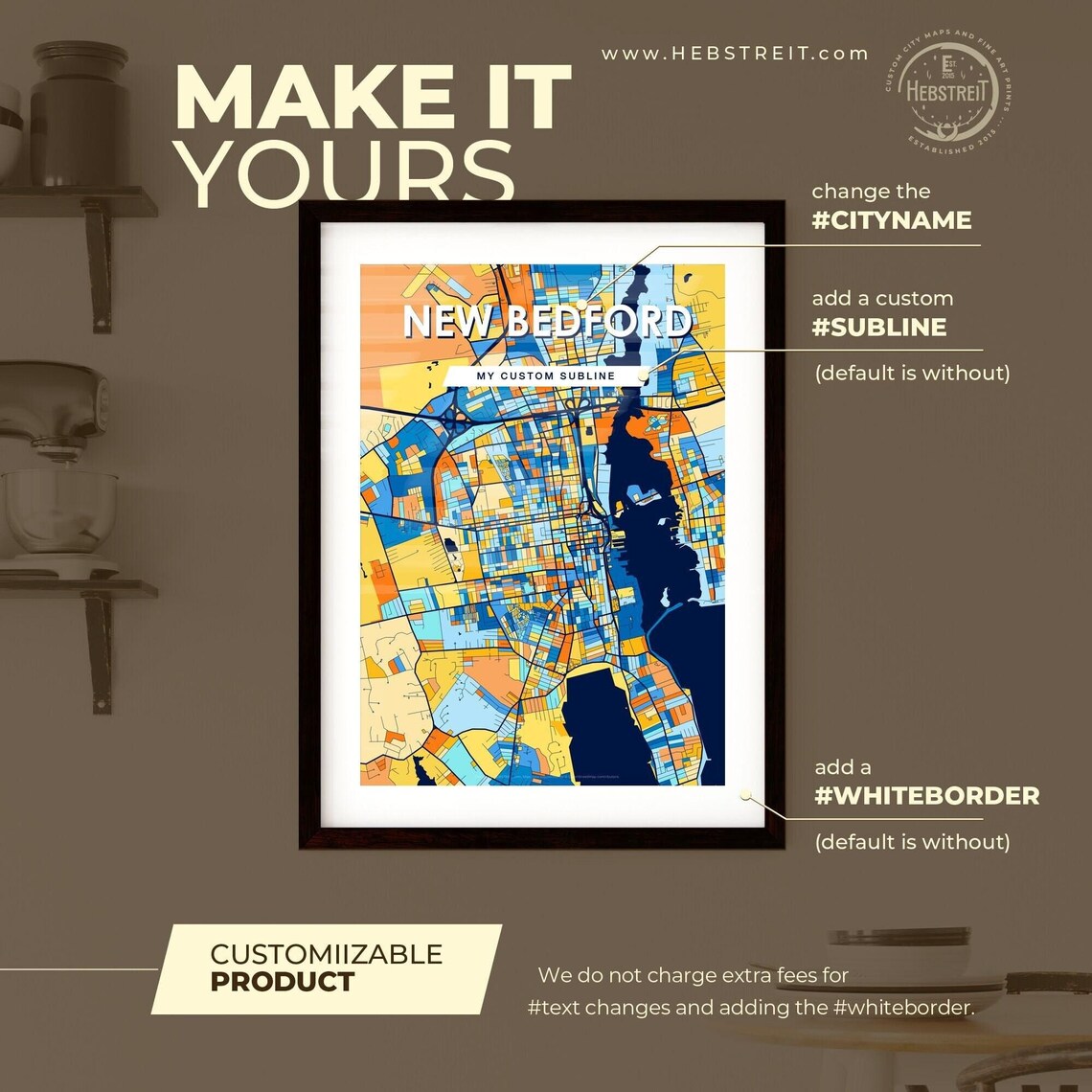 New Bedford Massachusetts Stylish Vibrant Blue and Orange Mosaic City Map Poster - Image 2