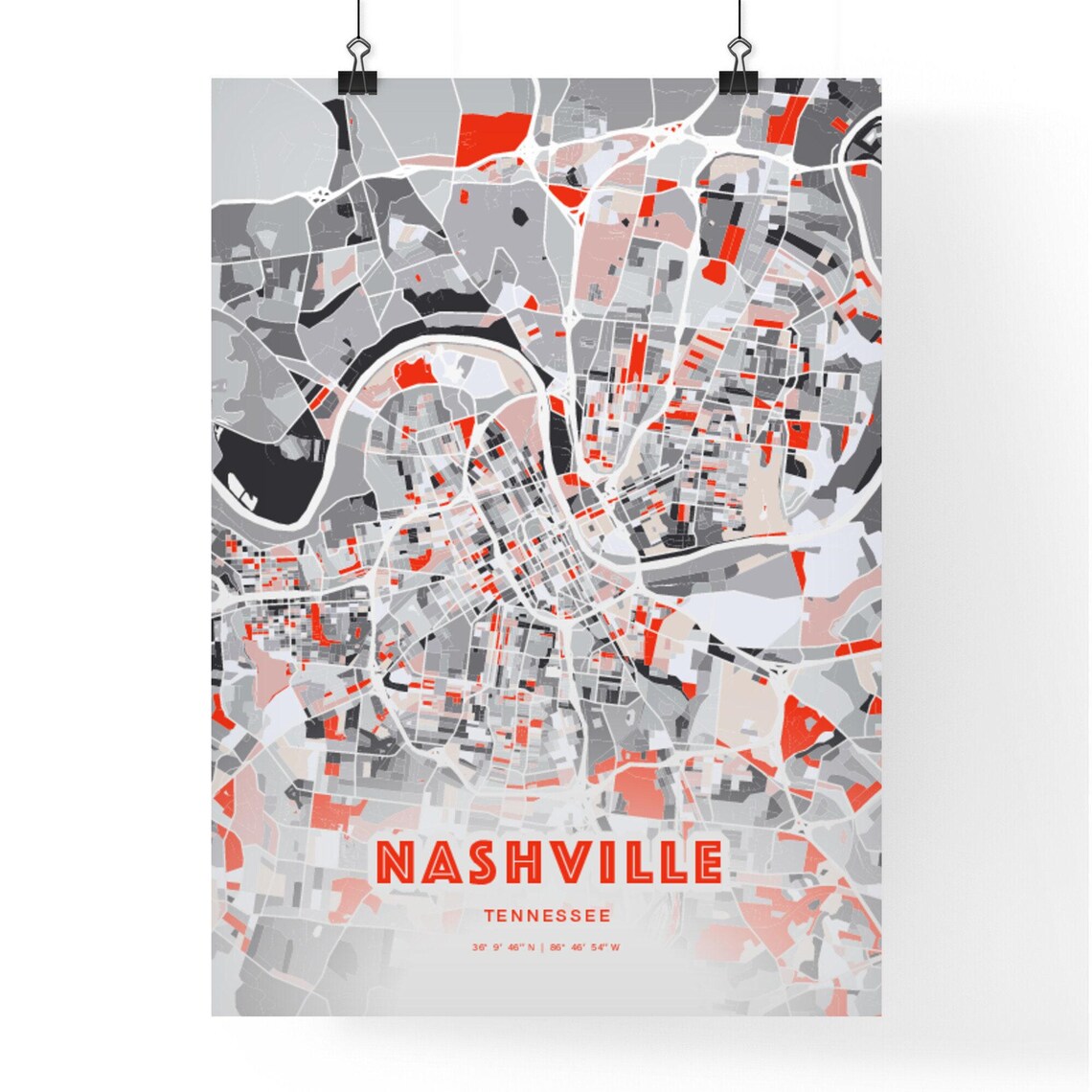Nashville Tennessee Modern Red Gray Expressive City Map Poster Customizable - Image 3