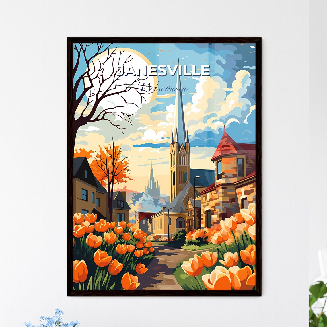 Janesville Wisconsin Tulip Garden Church Spire Spring Town Poster