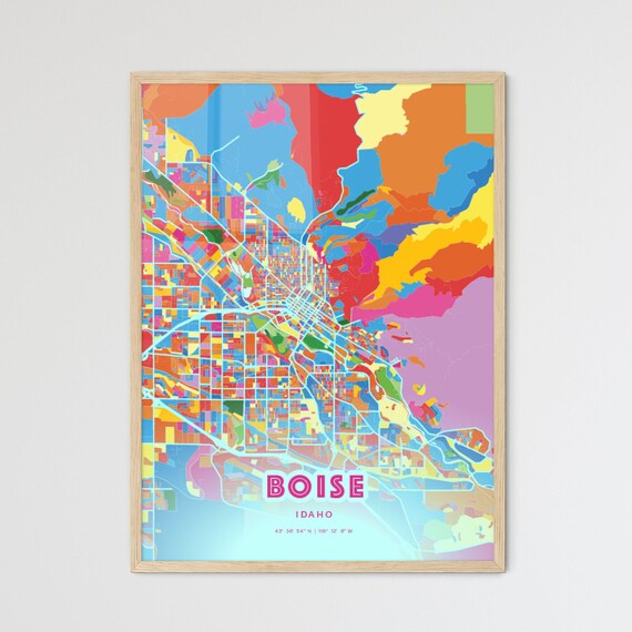 Boise Idaho Colorful City Map Art Poster in Pink and Turquoise