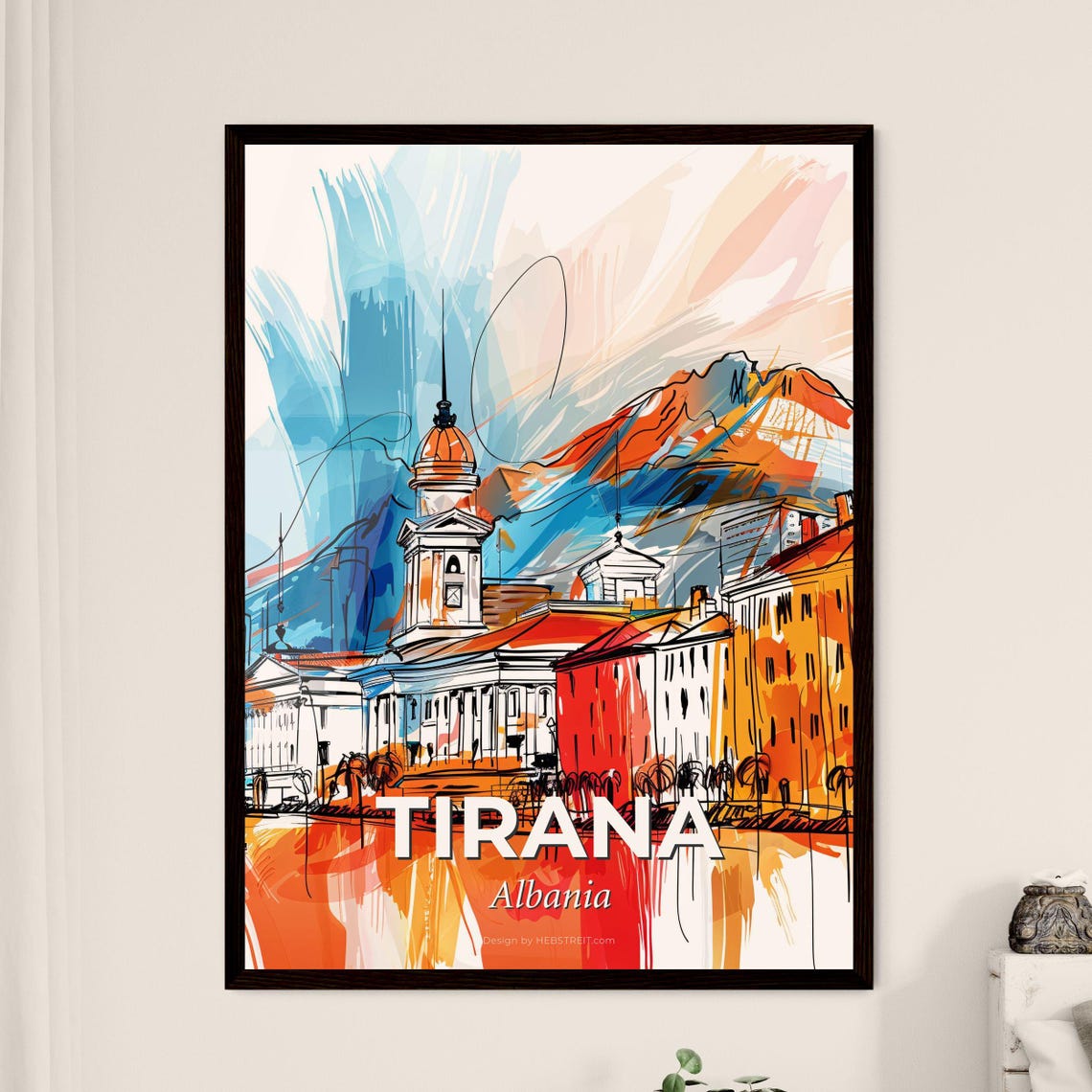 Tirana Albania Colorful Abstract Clock Tower Town Skyline Poster