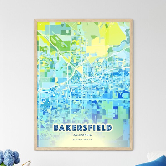 Bakersfield California Bluish Gradient City Map Art Poster Customizable