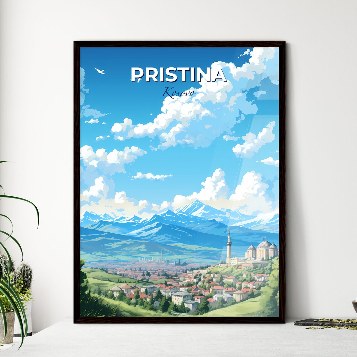 Pristina Kosovo Mosque Minarets Mountain Skyline Travel Poster