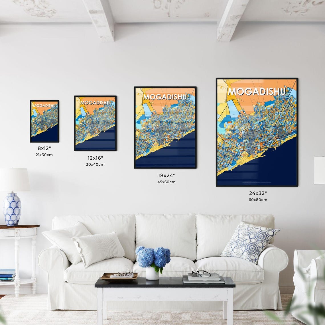 Mogadishu Somalia Bold Blue Orange City Map Wall Decor Poster - Image 3
