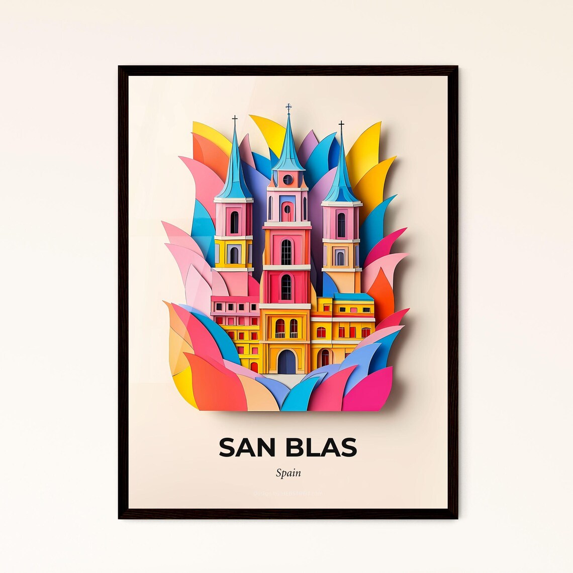 San Blas Spain Paper Cut Church Towers Colorful Travel Poster