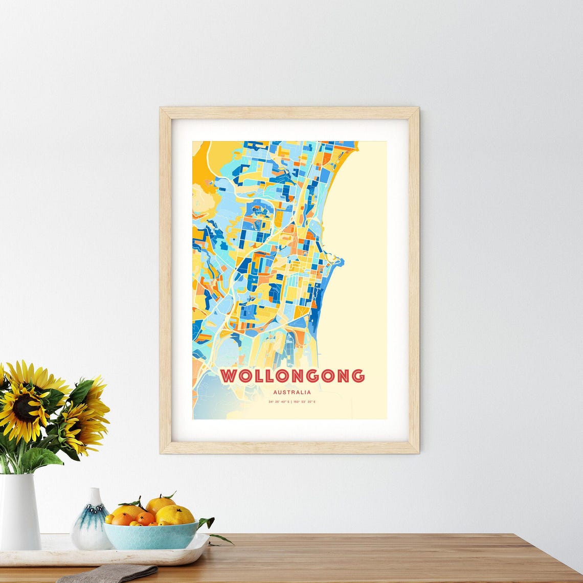 Wollongong Australia Vibrant Blue and Orange City Map Poster - Image 2