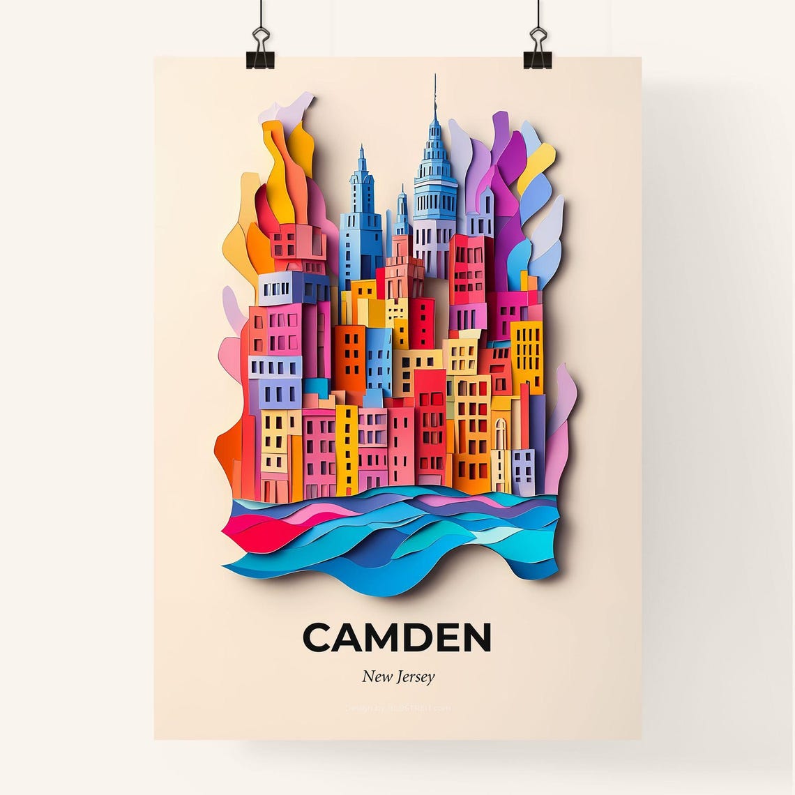 Camden New Jersey Colorful Paper Cut Skyline and River Poster - Image 4