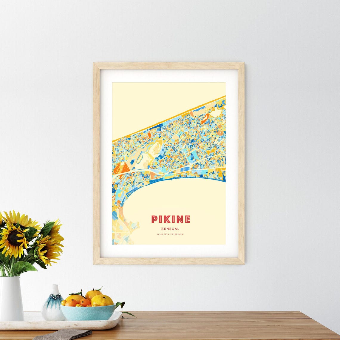 Pikine Senegal City Map Abstract Blue Orange Modern Art Print - Image 2