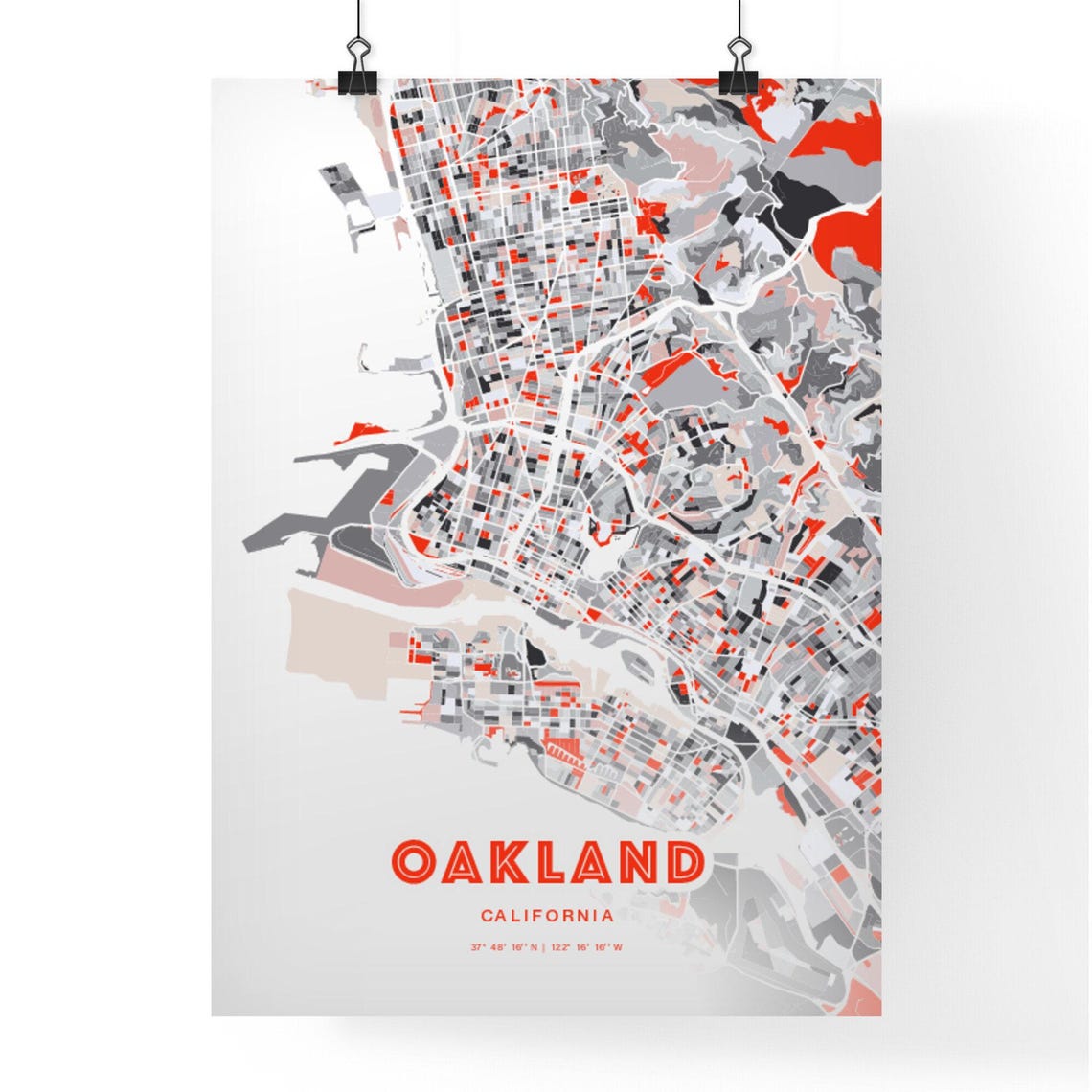 Oakland California Expressive Red and Black City Map Artwork Poster - Image 3