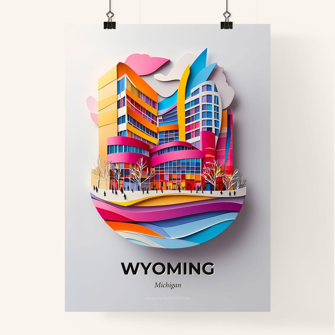 Wyoming Michigan Colorful Modern Paper Cut Skyline Art Poster - Image 4