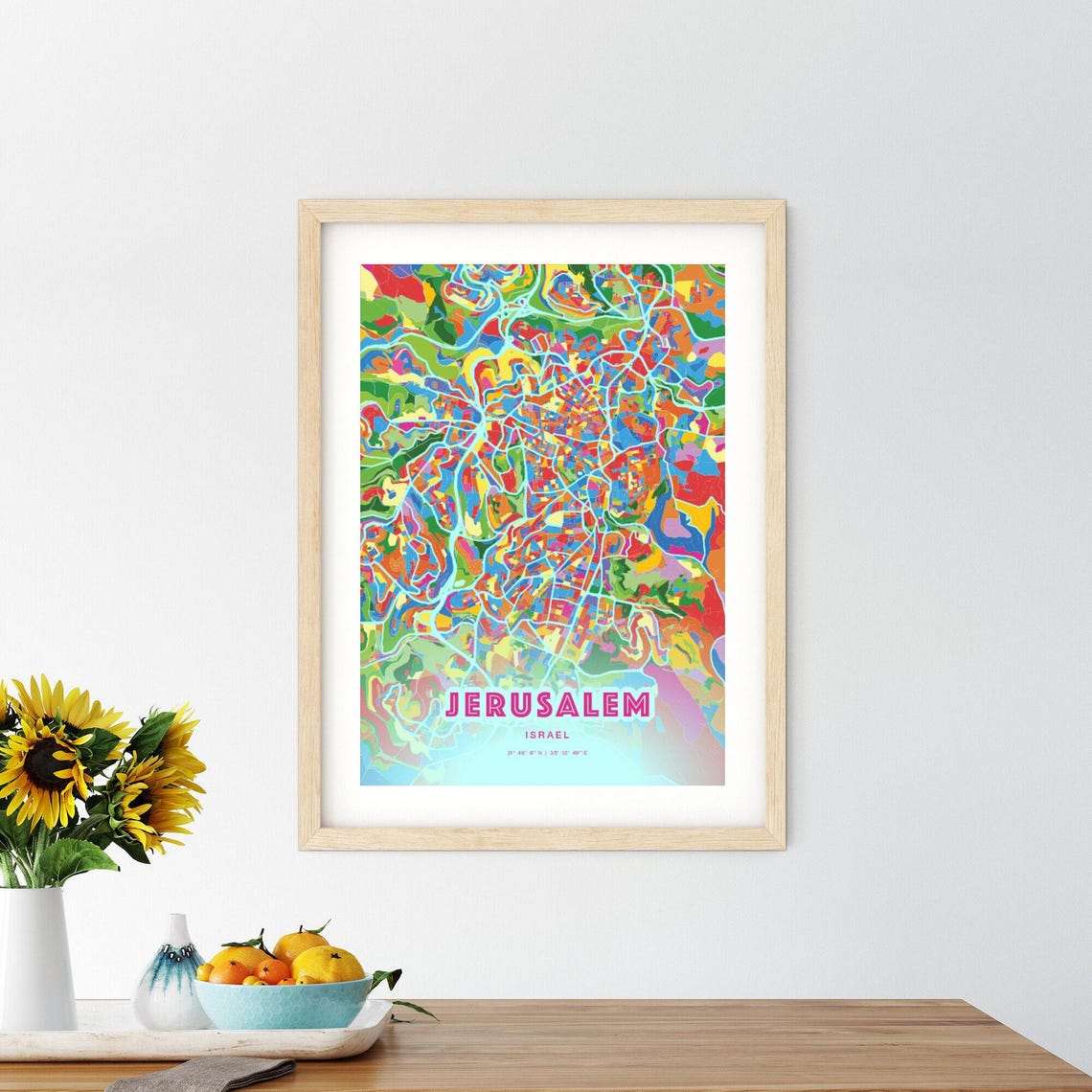 Jerusalem Israel Vibrant Crazy Colorful Mosaic City Map Poster - Image 2