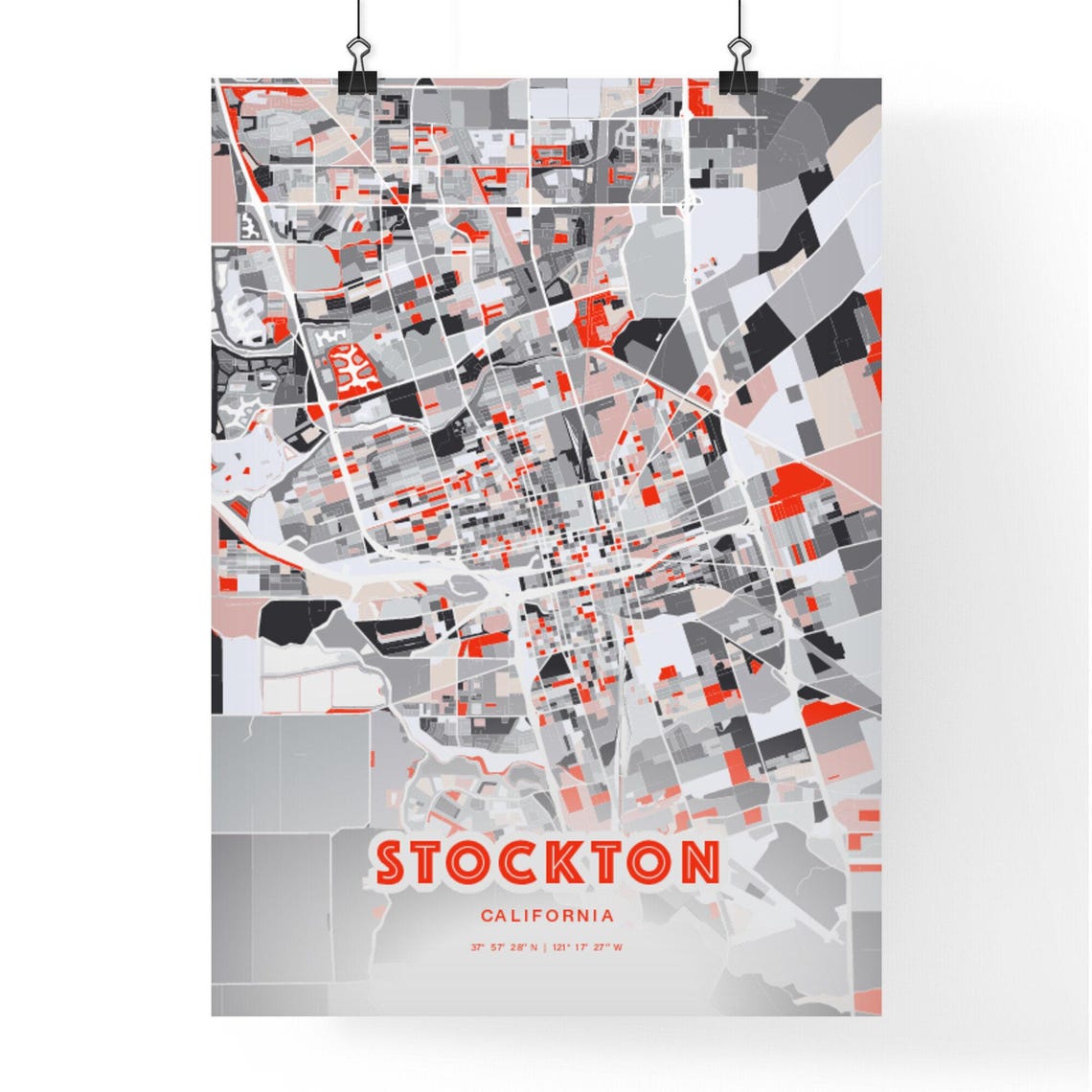Stockton California Expressive Red Bold Modern City Map Art Poster - Image 3