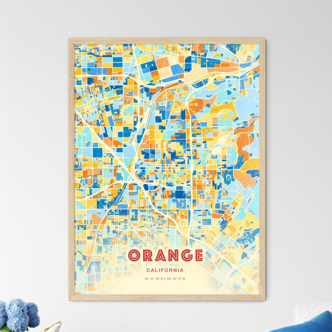 Orange California Colorful Blue and Orange City Map Art Poster