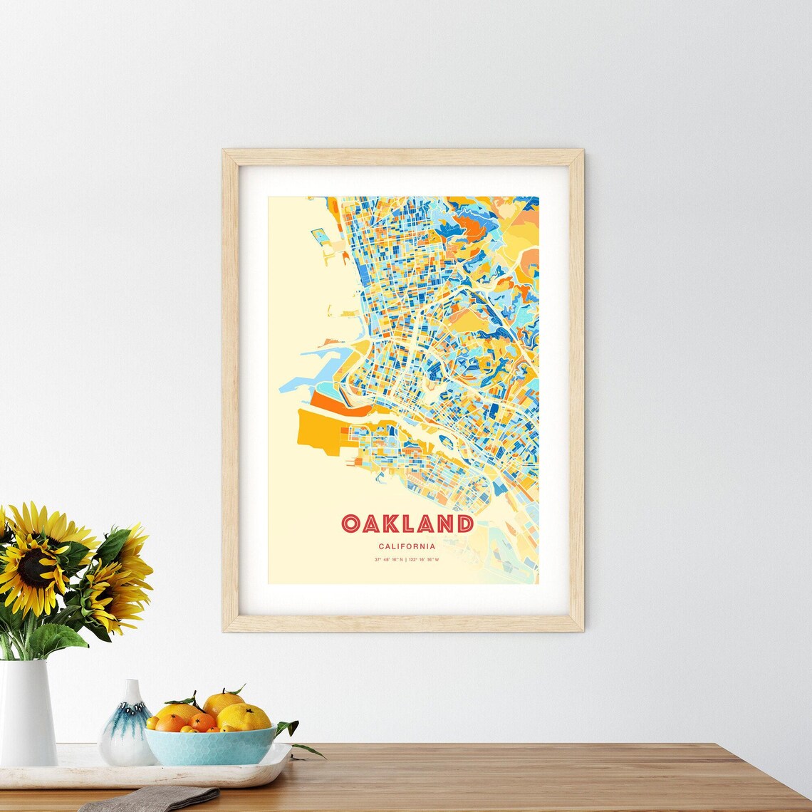 Oakland California City Map Art Poster Blue Orange Street Style - Image 2