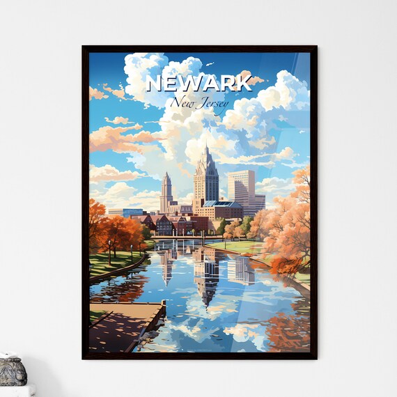 Newark New Jersey Skyline Autumn Lake Reflection Cityscape Travel Poster