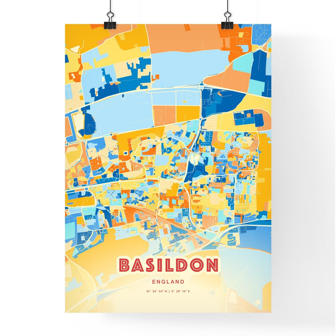 Basildon England City Map Art Poster Blue Orange Street Style - Image 3
