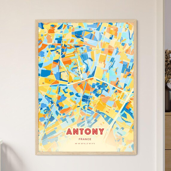 Antony France Colorful Blue Orange Map Art Poster Wall Decor