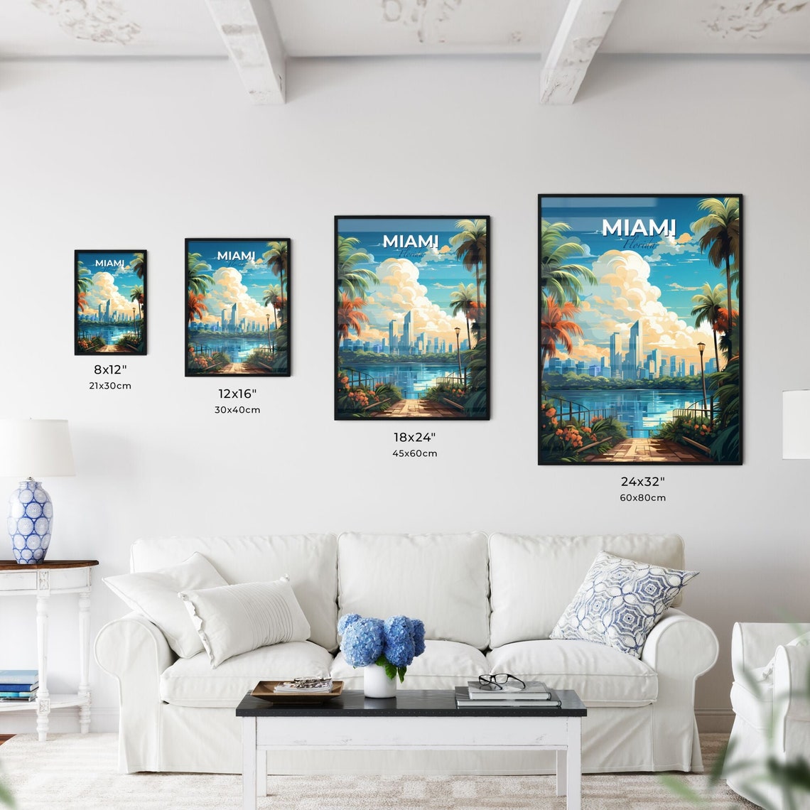 Miami Florida Skyline Poster Palm Trees Waterfront Vintage Travel Art - Image 3