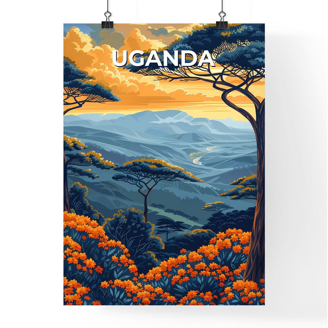 Uganda Rolling Hills Acacia Trees Sunset Vintage African Travel Poster - Image 4