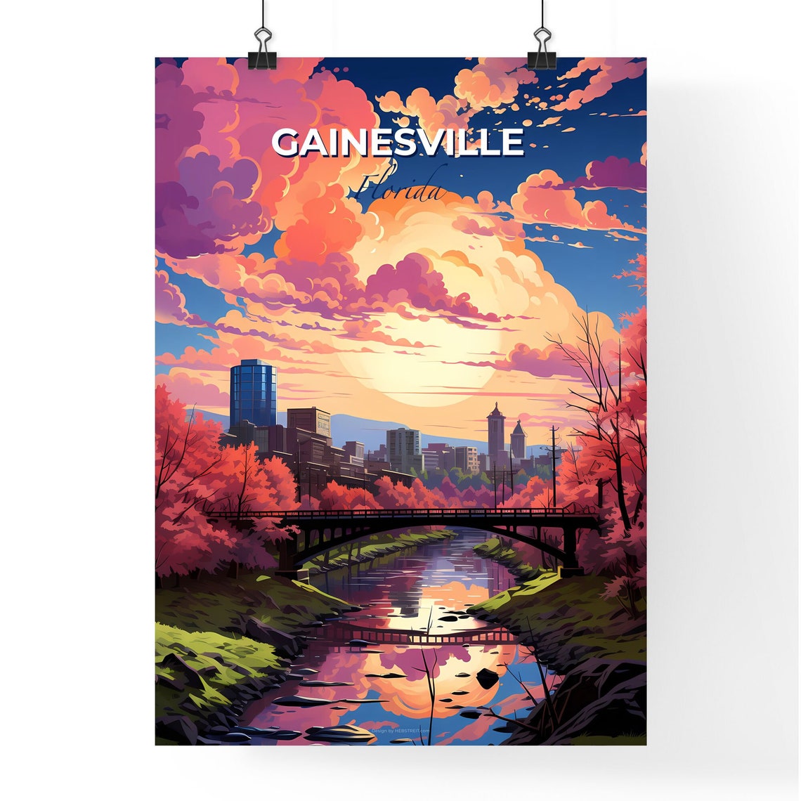 Gainesville Florida Sunset Skyline Over River Bridge Travel Poster - Image 4