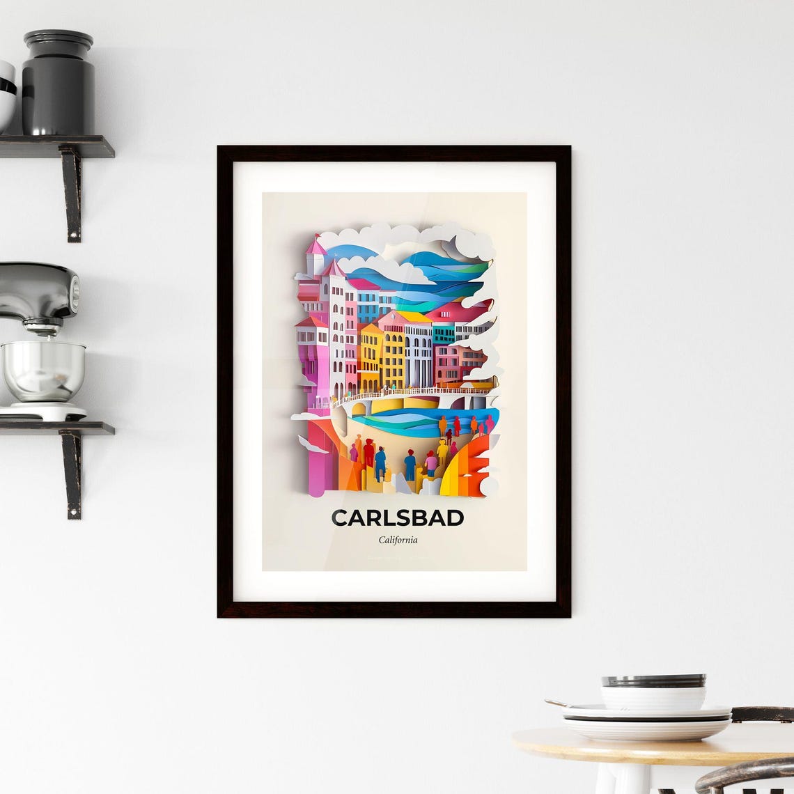 Carlsbad California Colorful Paper Cut Sunny Beach Skyline Poster - Image 2
