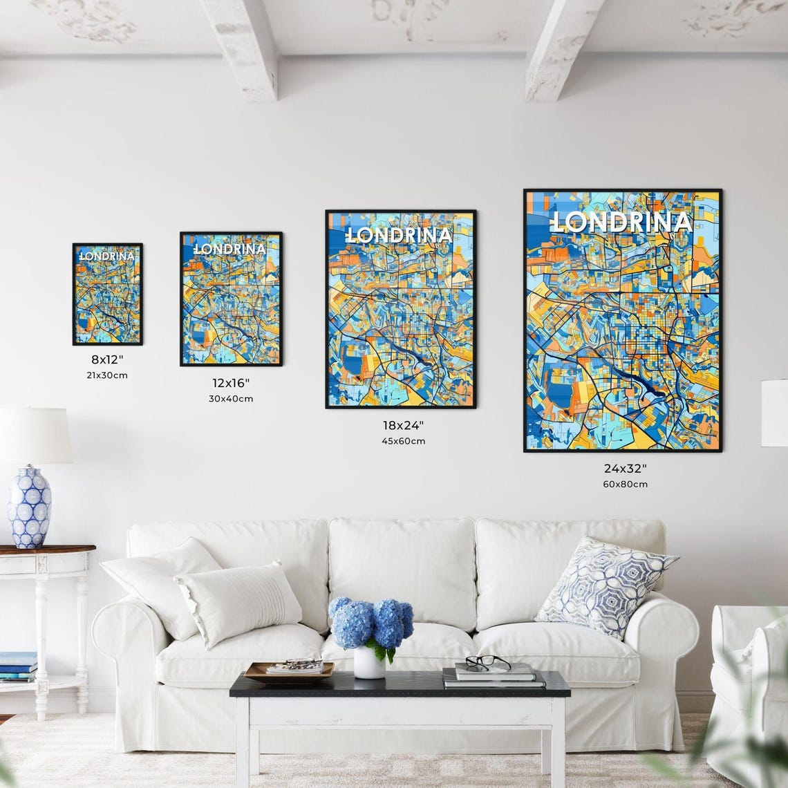 Londrina Brazil Stylish Vibrant Blue and Orange Mosaic City Map Poster - Image 3